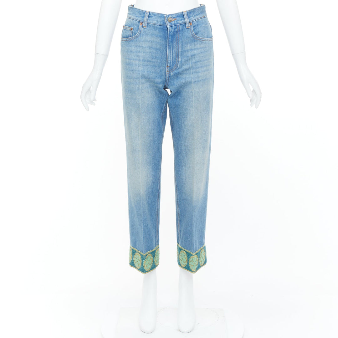 VALENTINO 2025 Runway blue washed green embroidered beaded hem denim jeans 25S