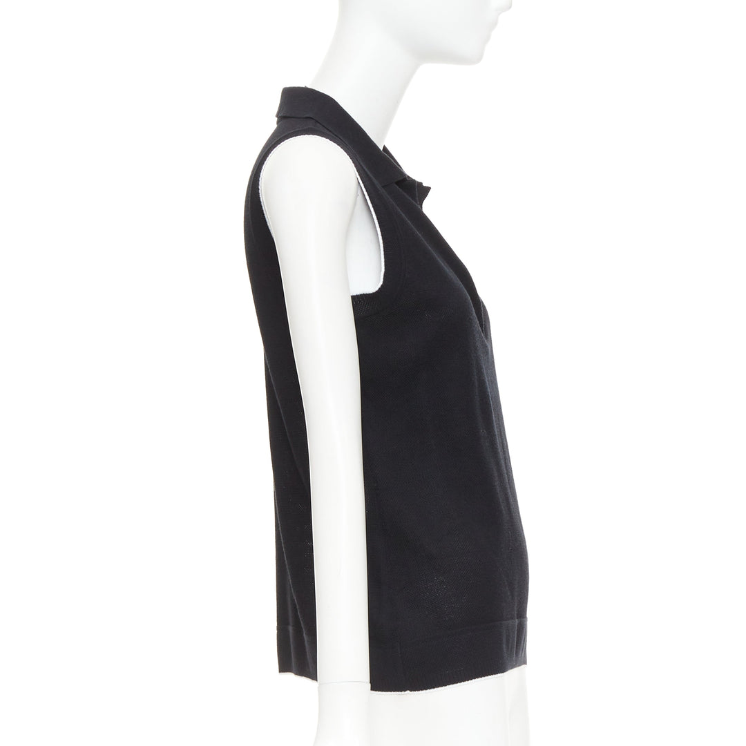 CHANEL 2001 Vintage black CC logo sleeveless white trim knit polo top FR40 L