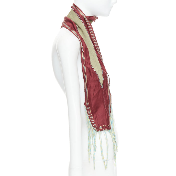 DRIES VAN NOTEN burgundy green silk cotton fringe wrap scarf