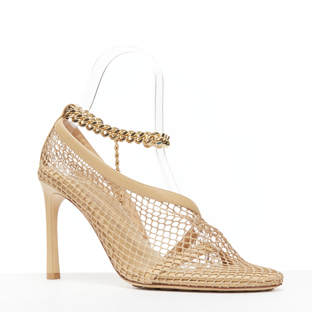 BOTTEGA VENETA Runway Daniel Lee beige fishnet gold chain high heel EU39