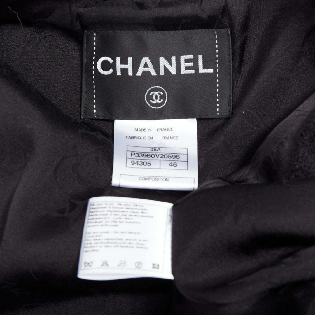 CHANEL 08A Runway black tweed braided fringe tromp loeil 4 pocket jacket FR46