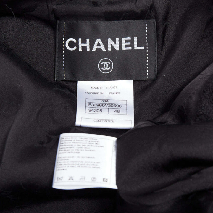 CHANEL 08A Runway black tweed braided fringe tromp loeil 4 pocket jacket FR46