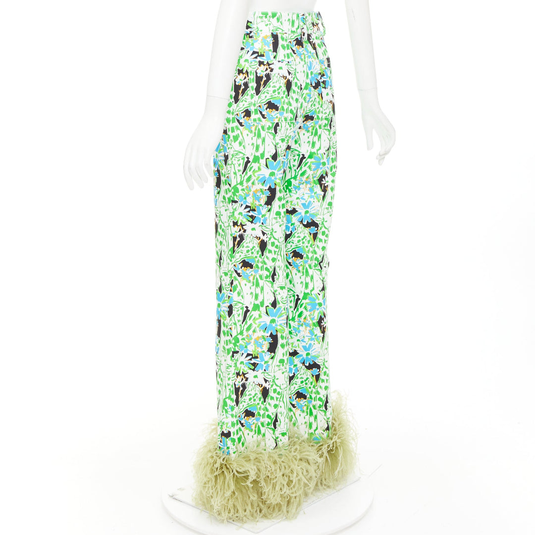 MIU MIU 2018 Runway green multi giraffe print feather hem flared pants IT40 S