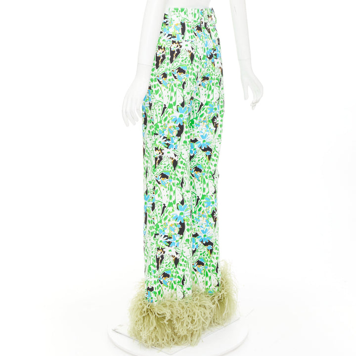 MIU MIU 2018 Runway green multi giraffe print feather hem flared pants IT40 S