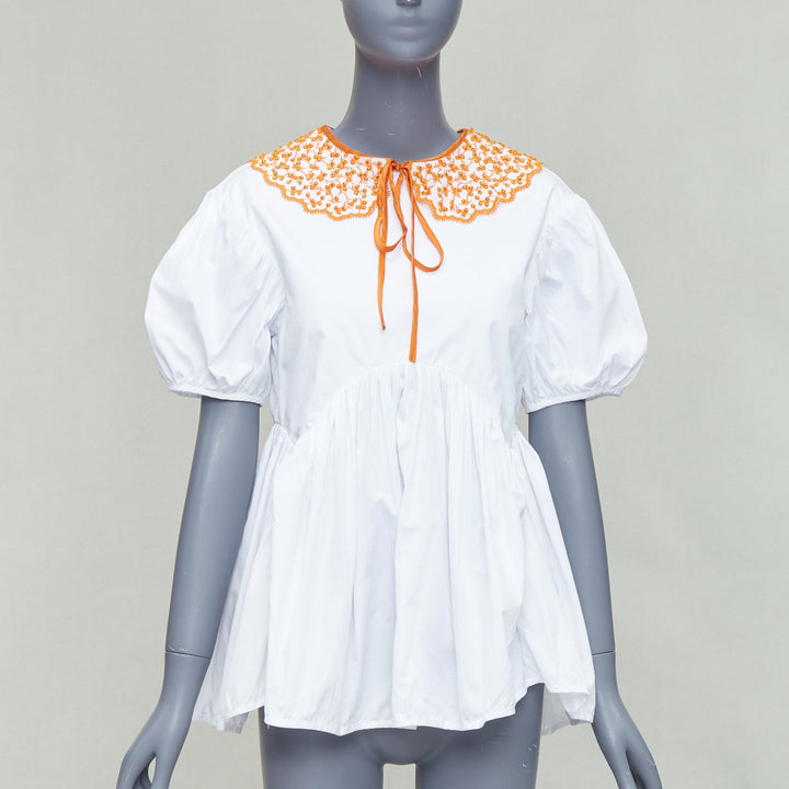 CECILIE BAHNSEN Mie white cotton orange applique collar puff top UK6 XS