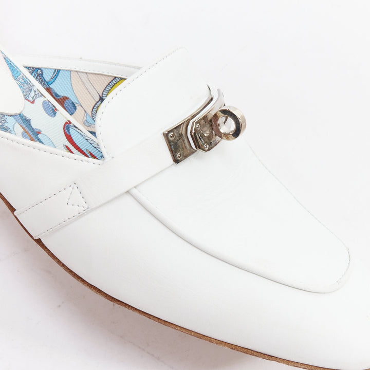 HERMES Oz white calfskin leather silver Kelly turnlock mules EU37