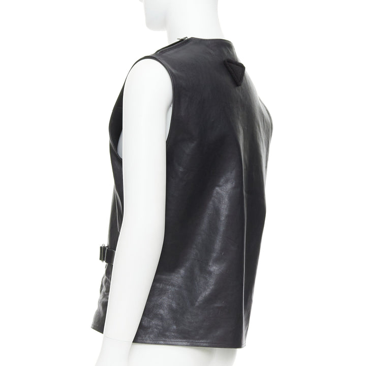 rare PRADA 2023 Runway Raf Simons Vitello black leather buckle vest IT48 M