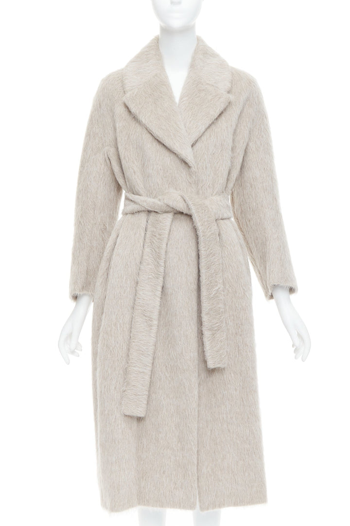 MAX MARA S grey alpaca virgin wool spread collar belted long coat IT38 XS