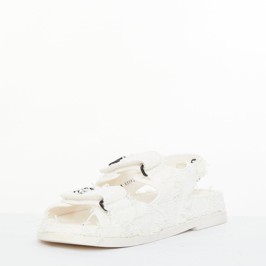 CHANEL 2021 frayed white tweed CC hook and loop open toe dad sandals EU37.5C