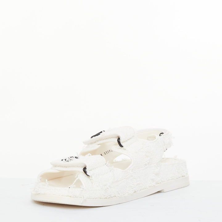 CHANEL 2021 frayed white tweed CC hook and loop open toe dad sandals EU37.5C