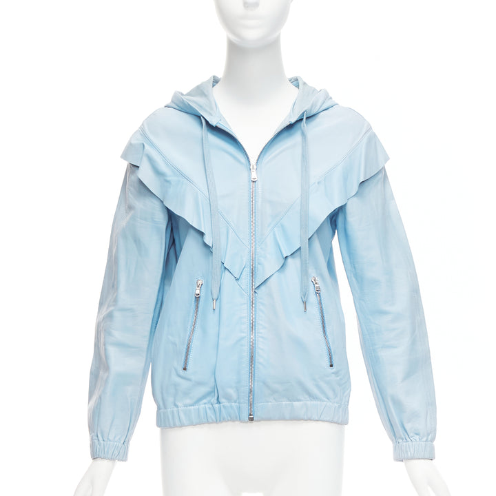 RED VALENTINO powder blue lambskin leather ruffle panel hoodie jacket IT40 S