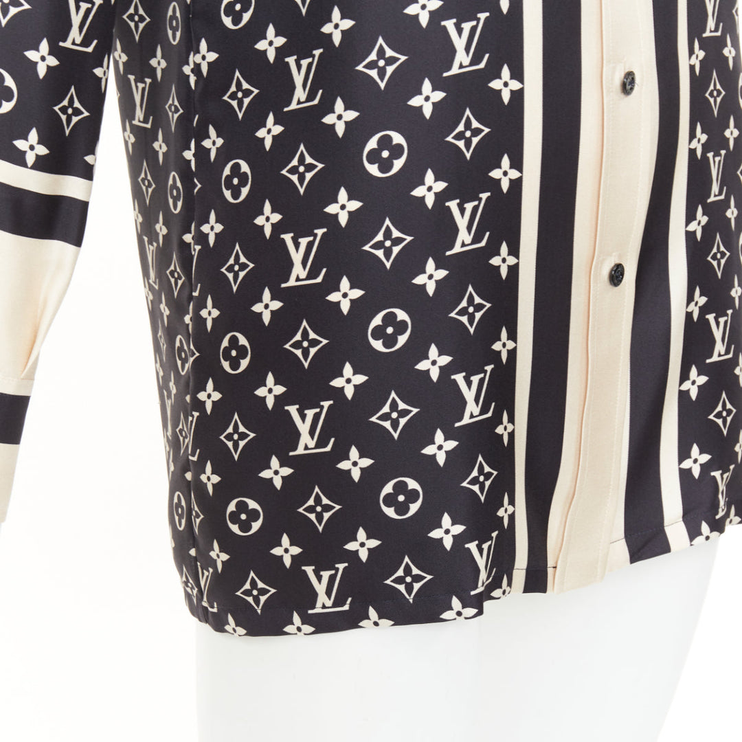 LOUIS VUITTON 2020 stripe accent mixed monogram silk long sleeve shirt FR34 XS