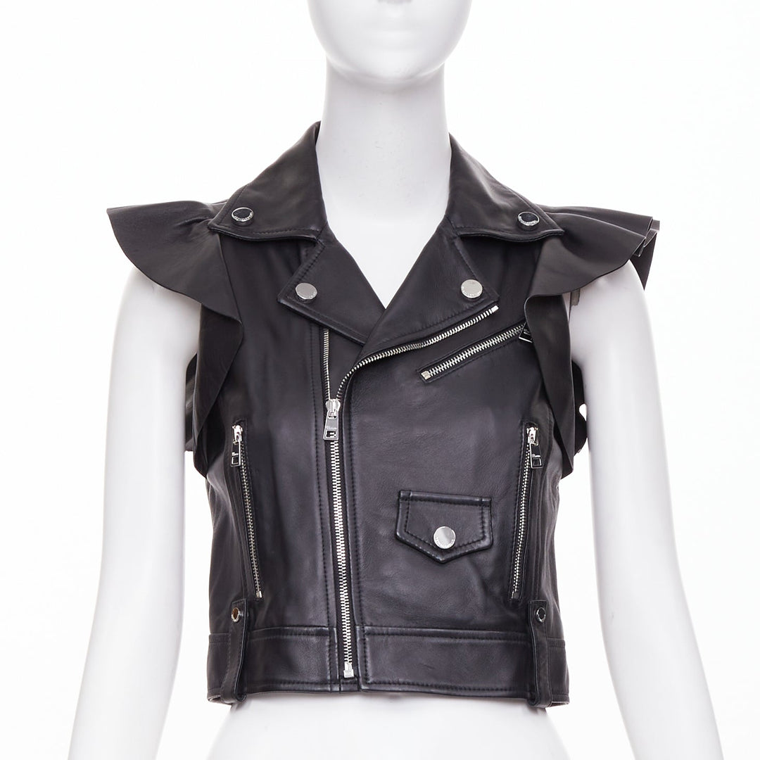 RED VALENTINO 2021  black lambskin leather ruffle biker vest jacket IT38 XS