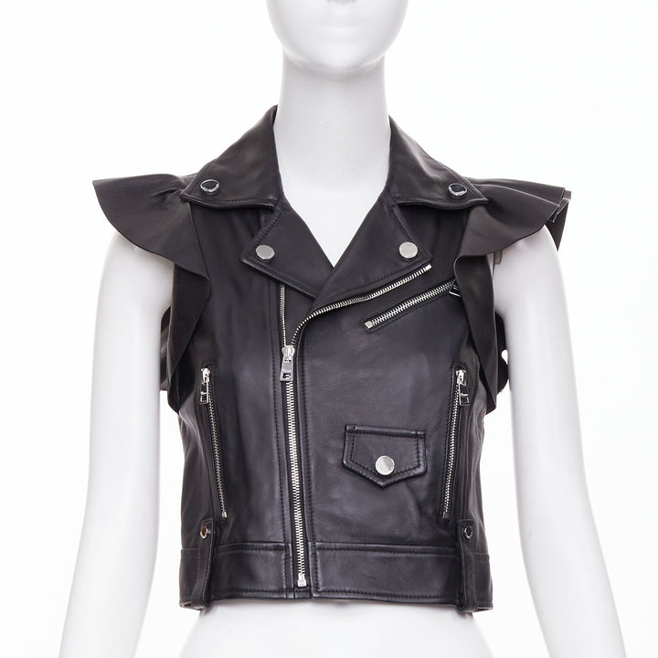 RED VALENTINO 2021  black lambskin leather ruffle biker vest jacket IT38 XS