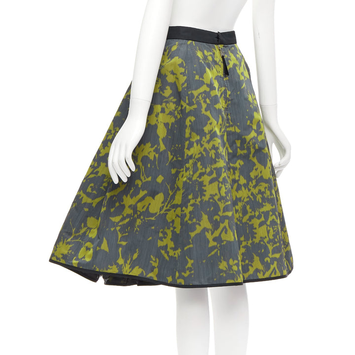 LOUIS VUITTON green floral jacquard velvet trim LV zip flared skirt