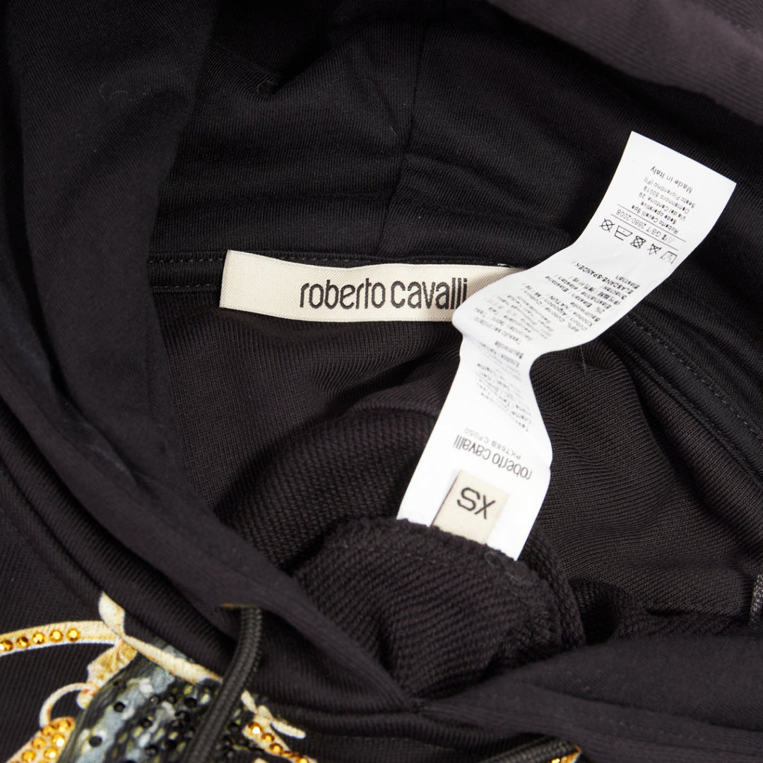 ROBERTO CAVALLI Snake And Logo-Print black cotton crystal embellished hoodie XS