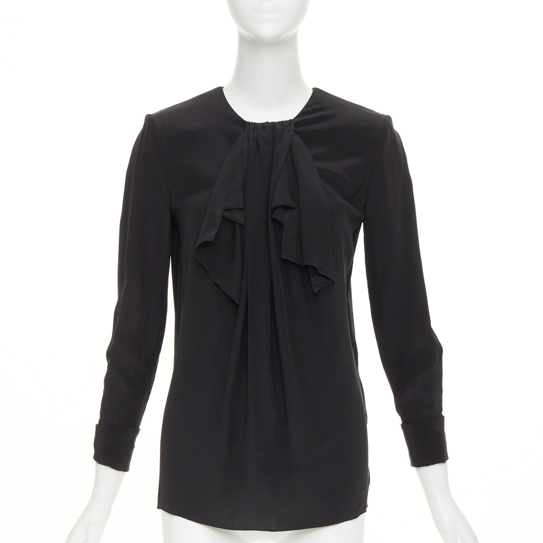 SAINT LAURENT 2012 pussy bow ribbon collar padded shoulder silk blouse FR36 S