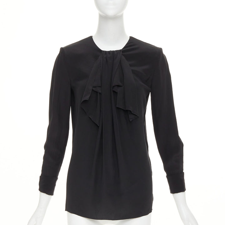 SAINT LAURENT 2012 pussy bow ribbon collar padded shoulder silk blouse FR36 S