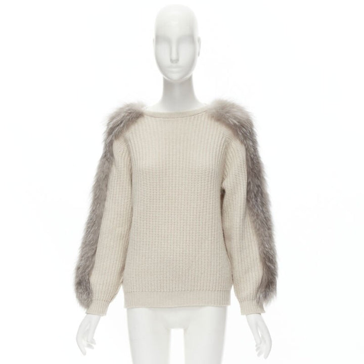 BRUNELLO CUCINELLI beige 100% cashmere grey fox fur sleeve waffle knit sweater M