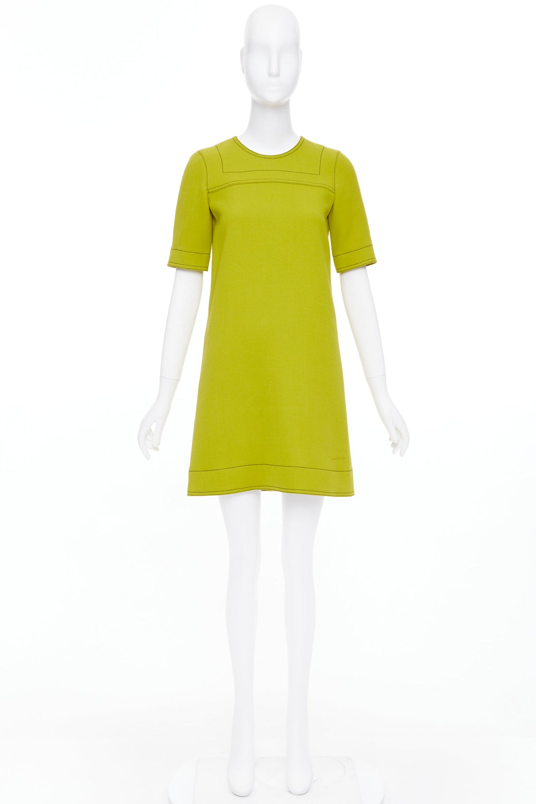 MARNI lime green 100% virgin wool overstitch silk lined shift dress IT36 XXS