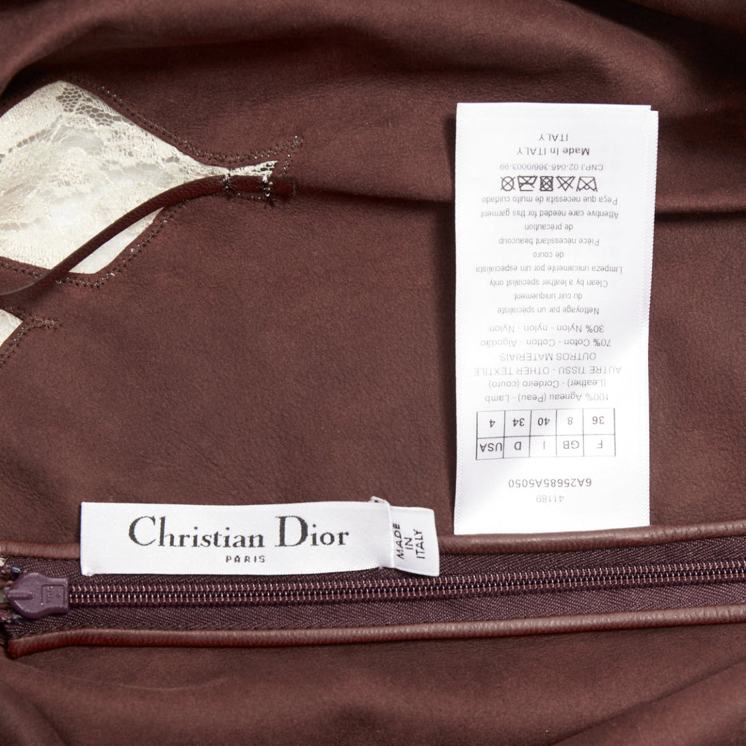 DIOR 2016 Raf Simons brown lambskin leather lace trim micro slip dress FR36 S