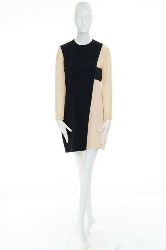 CELINE Phoebe Philo nude black asymmetric layered silk sleeve shift dress FR38