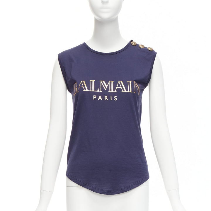 BALMAIN navy gold foil logo military button shoulder tank top FR34 XS