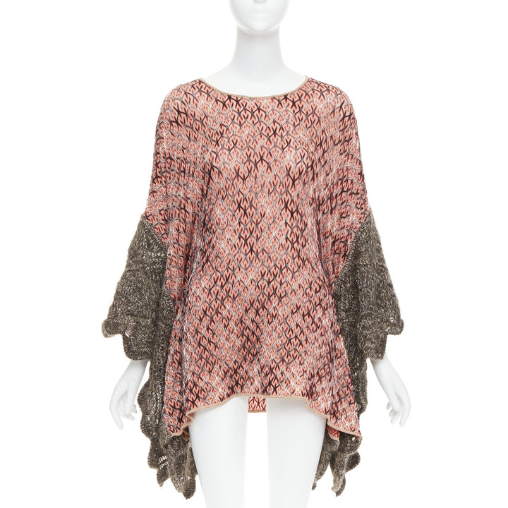MISSONI red brown wool blend signature chevron contrast knit poncho sweater