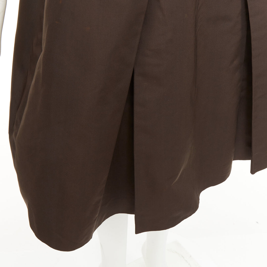 PRADA Vintage brown silk nylon grosgrain pleat flared a line midi skirt IT42 M