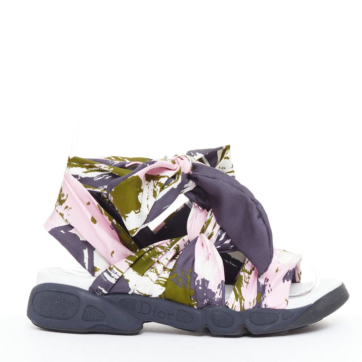 CHRISTIAN DIOR Raf Simons 2015 Brooklyn pink green scarf gladiator sandals EU38