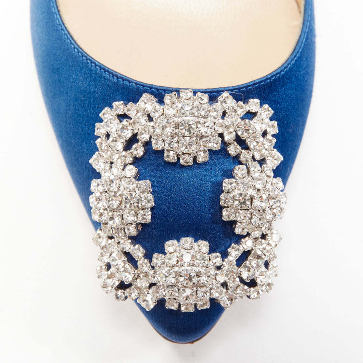 MANOLO BLAHNIK Hangisi 50 blue satin crystal buckle teacup heeled pumps EU36.5