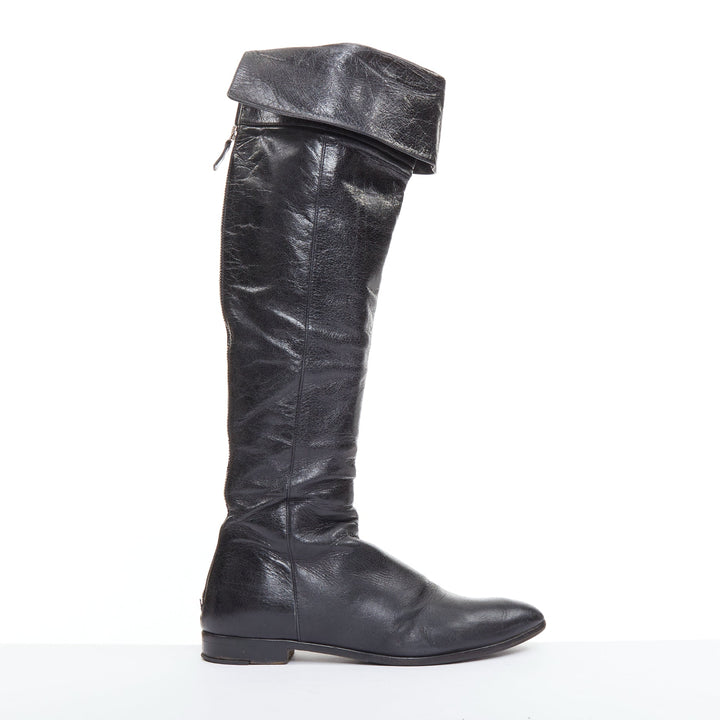 PRADA Vintage black soft nappa leather over the knee exposed back zip boots EU38