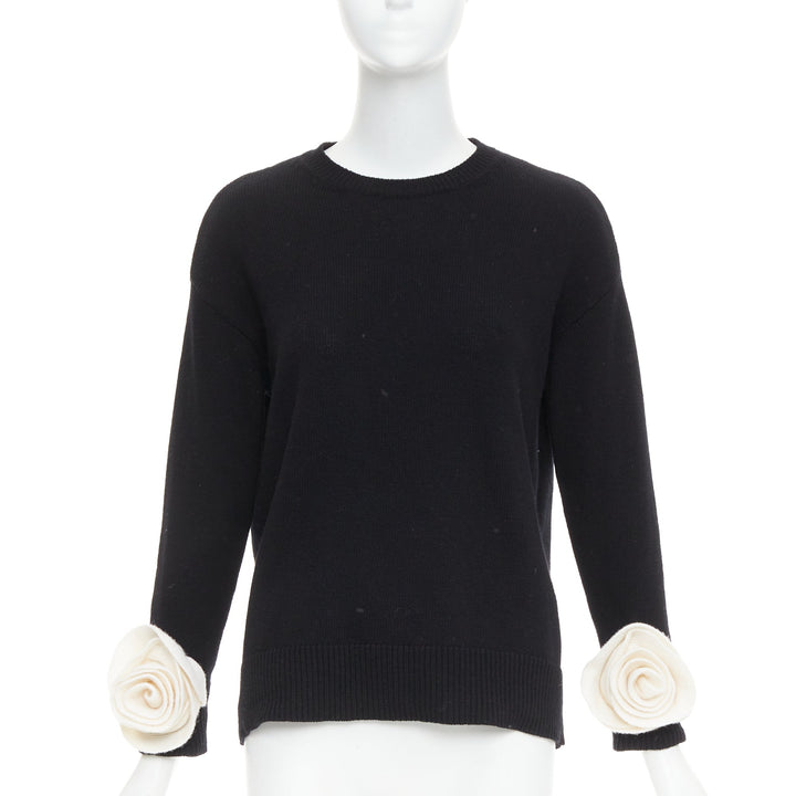 VALENTINO 2024 black virgin wool cream 3D Flower cuff crew neck sweater XS