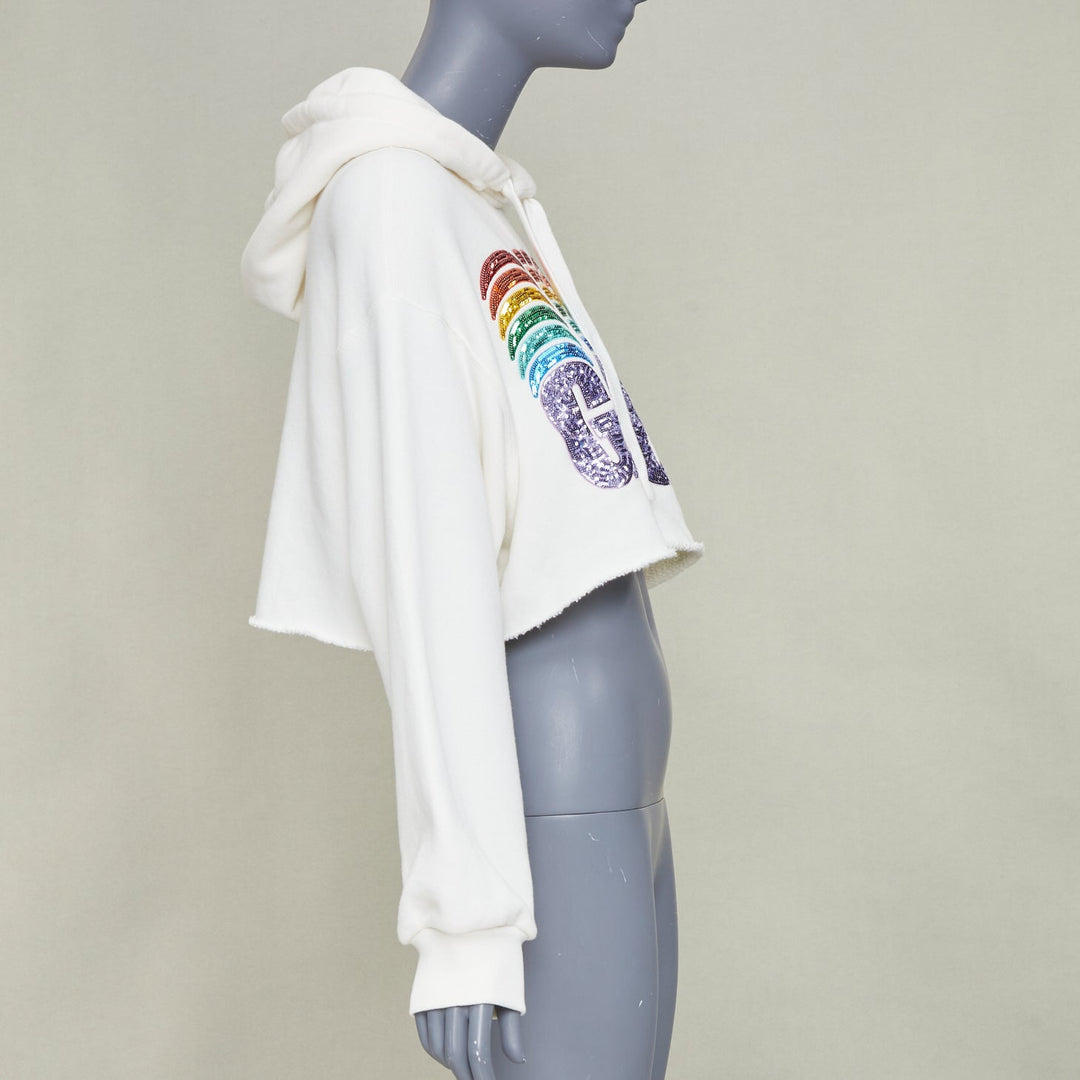 GUCCI 2020 white Rainbow Sequin Logo raw cut hem cropped hoodie sweatshirt S