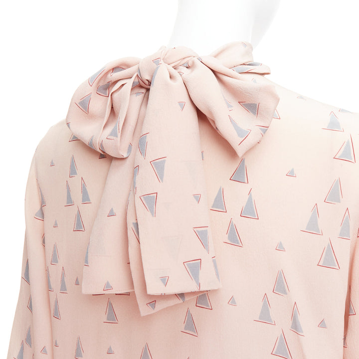 VALENTINO 100% silk blush pink grey triangle print tie neck blouse US4 S