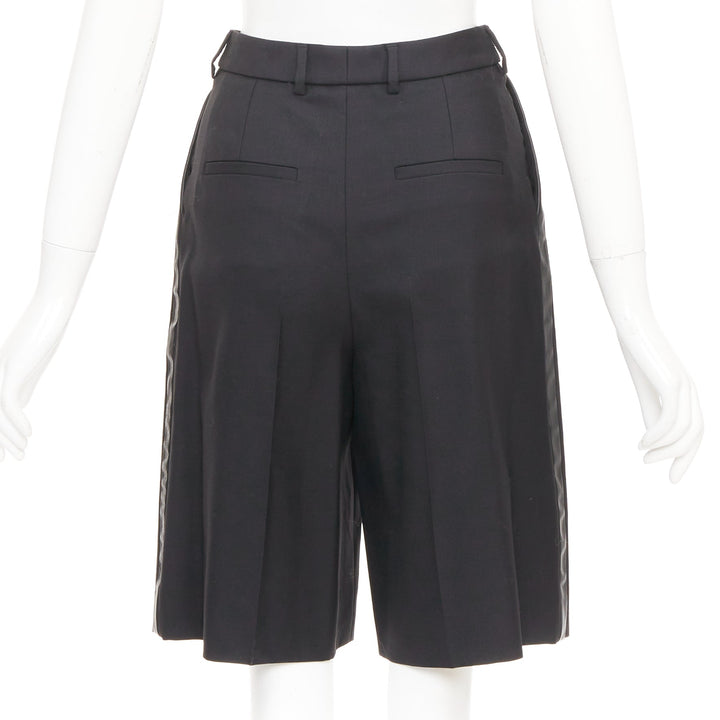 SAINT LAURENT 2012 black wool pleated high waist leather trim shorts FR36 S