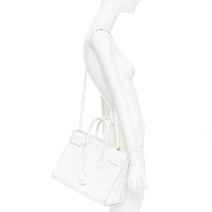 SAINT LAURENT Sac du Jour Small white grained leather executive tote bag