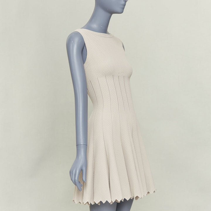 ALAIA beige viscose chevron cellular jacquard lattice scalloped dress FR38 M
