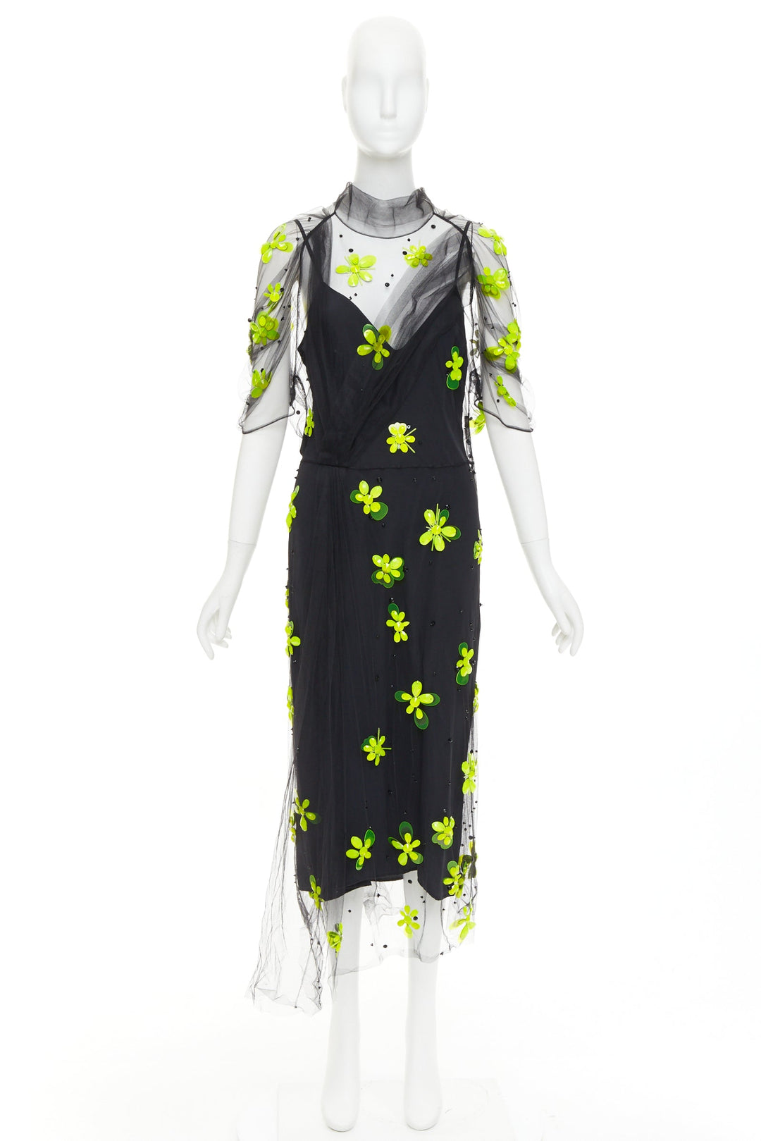 PRADA 2018 Runway neon yellow floral bead black gathered tulle dress IT40 S
