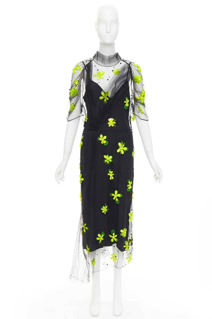 PRADA 2018 Runway neon yellow floral bead black gathered tulle dress IT40 S
