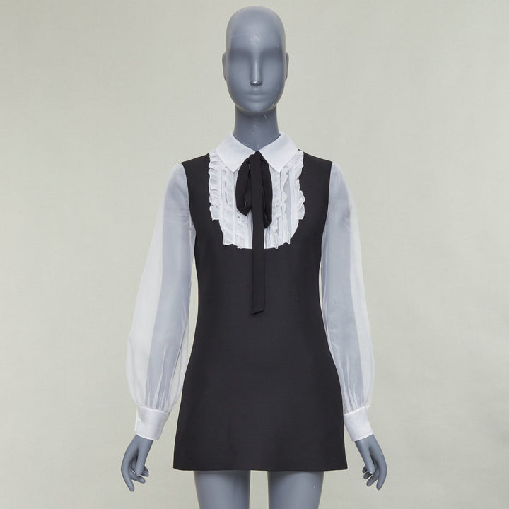 VALENTINO 2022 Crepe Couture black white wool silk ruffle bib neck dress IT38 XS