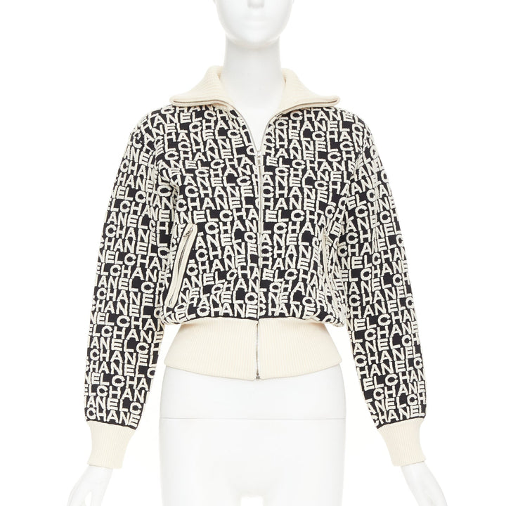 CHANEL 19A Coco Neige embossed monogram jacquard cropped bomber jacket FR34 XS