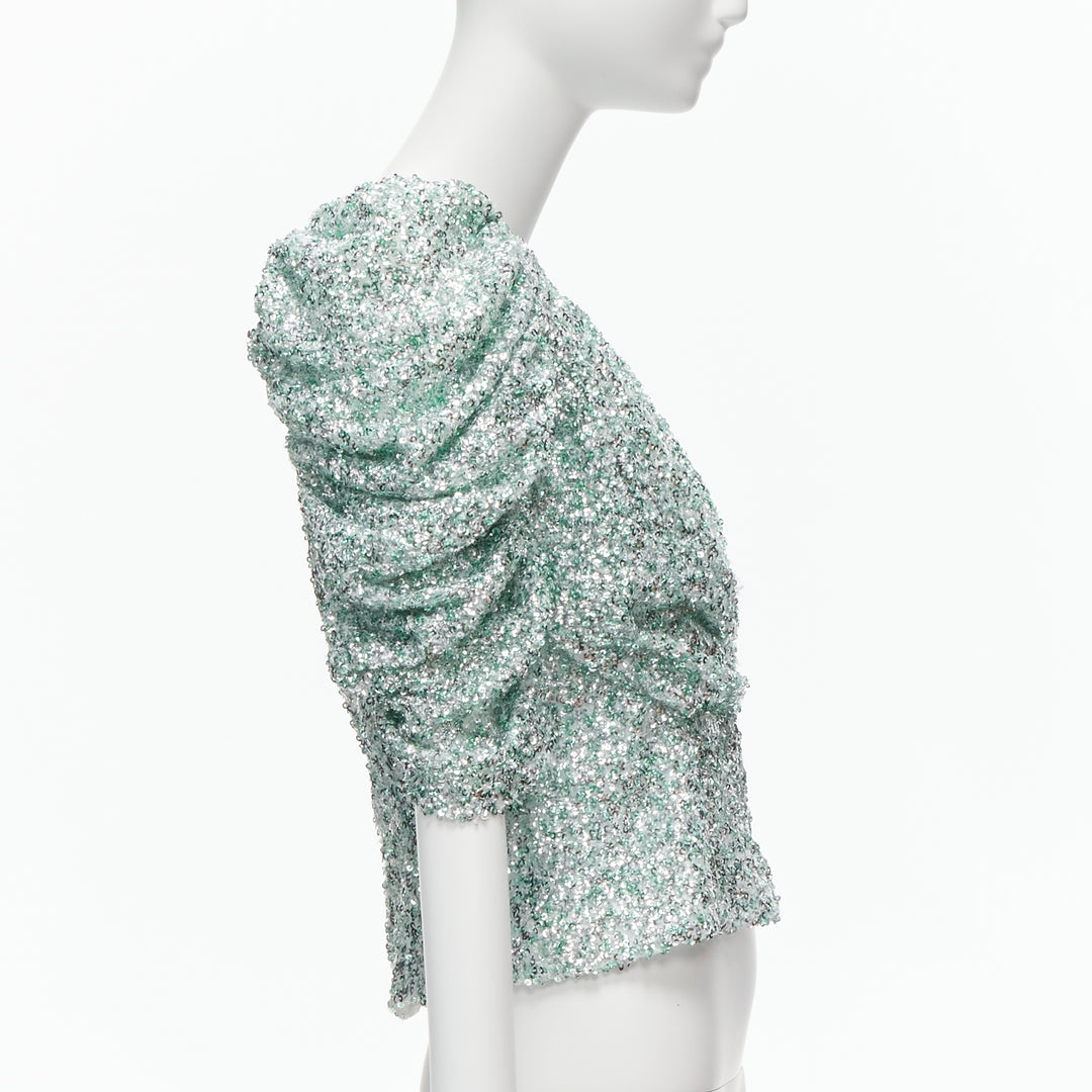 HALPERN seafoam green silver sequins deep V puff sleeves top FR36 XS