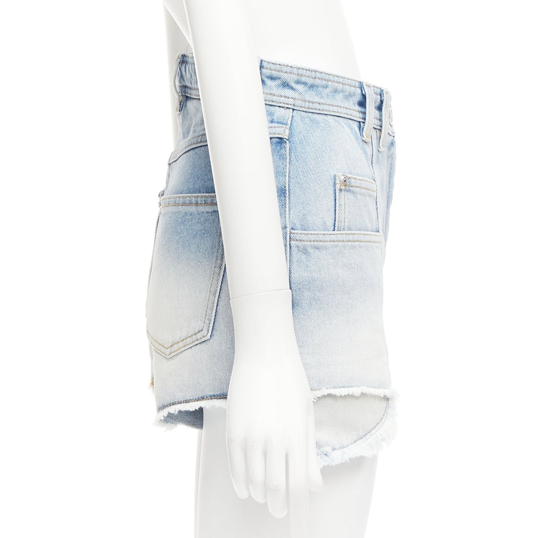 BALMAIN blue washed cotton denim panel pockets cut cutaway cargo shorts FR36 S
