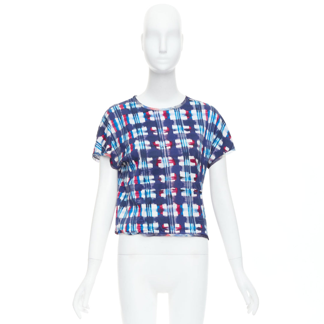 CHANEL 17P Runway blue red check CC logo print silk trim crop top FR36 S