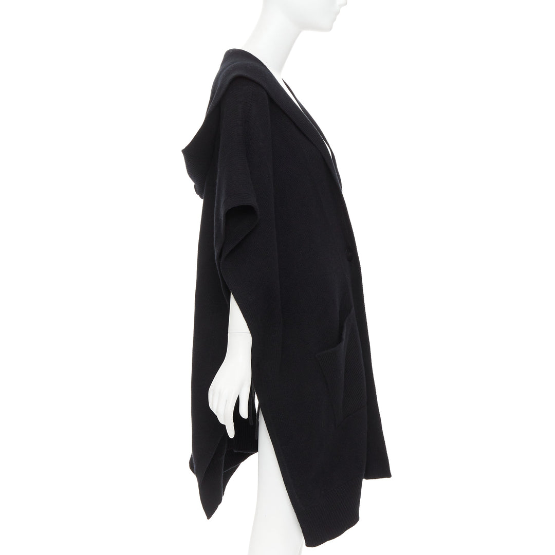 HERMES 100% cashmere black hooded rectangular poncho cardigan coat TU
