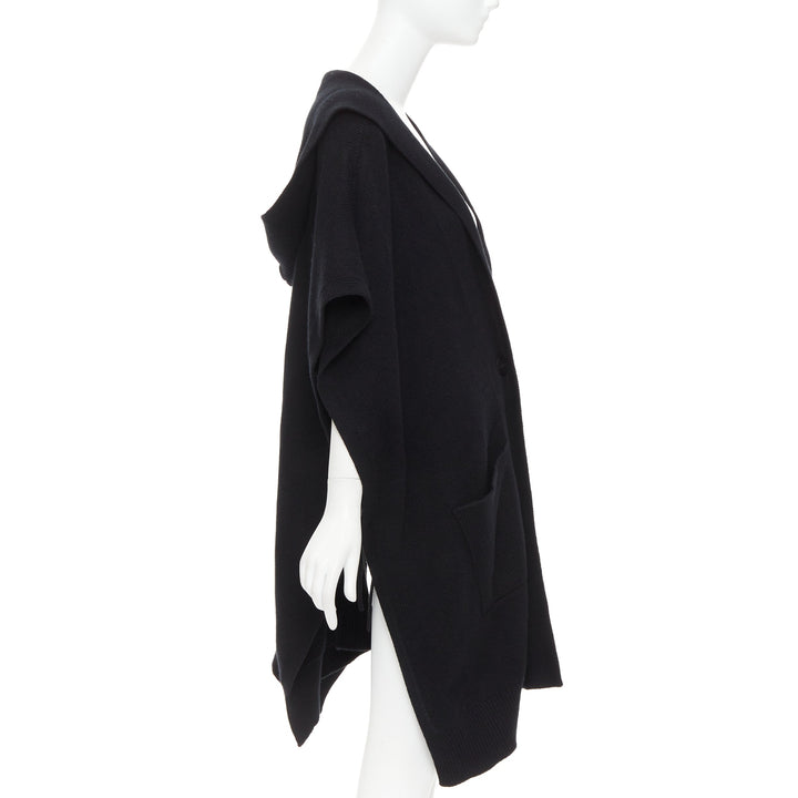 HERMES 100% cashmere black hooded rectangular poncho cardigan coat TU