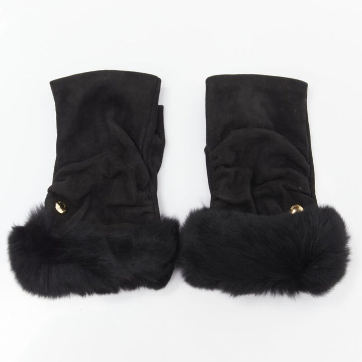 CAUSSE Gantier black soft suede leather chinchilla fur fingerless glove 6.5