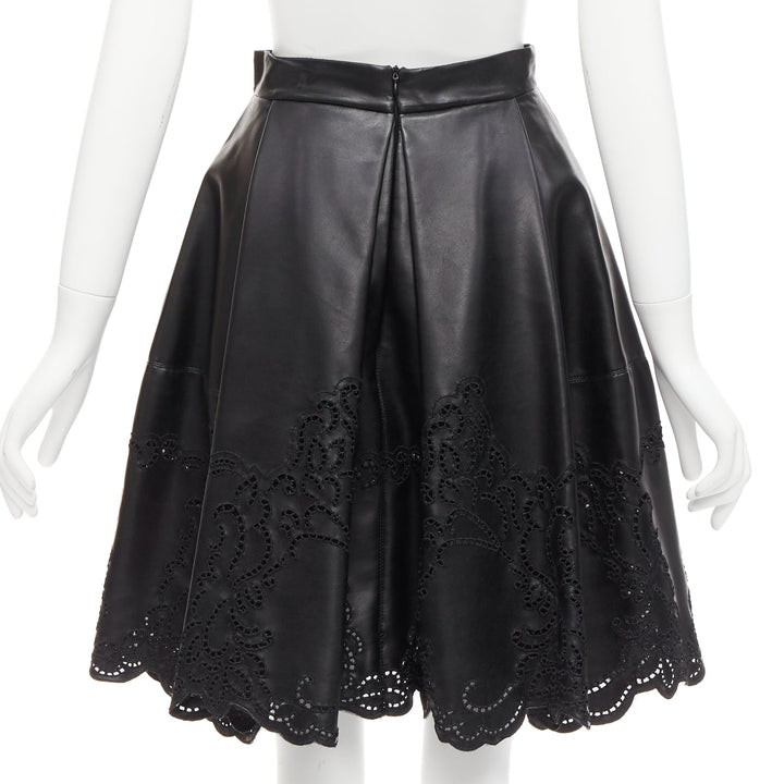 ERMANNO SCERVINO black faux leather lattice embroidery scalloped skirt IT38 XS
