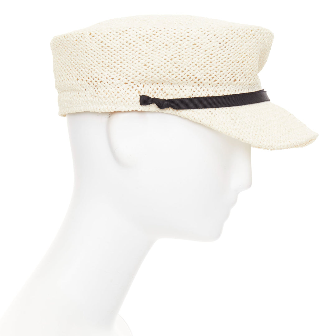 MAISON MICHEL Abbey Sailor light beige raffia MM logo black ribbon cap M